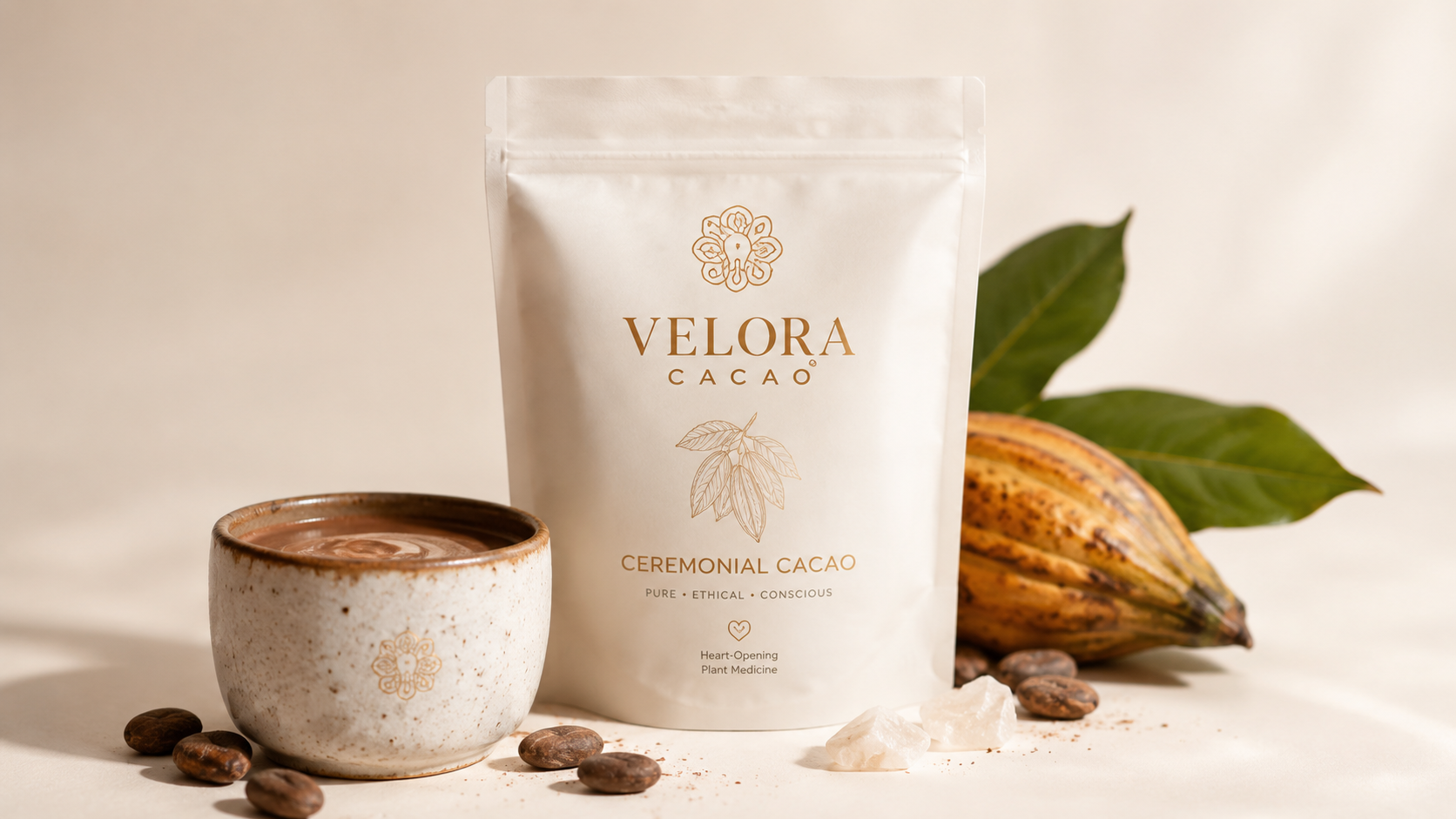 Velora ceremonial cacao package with cacao cup and pod